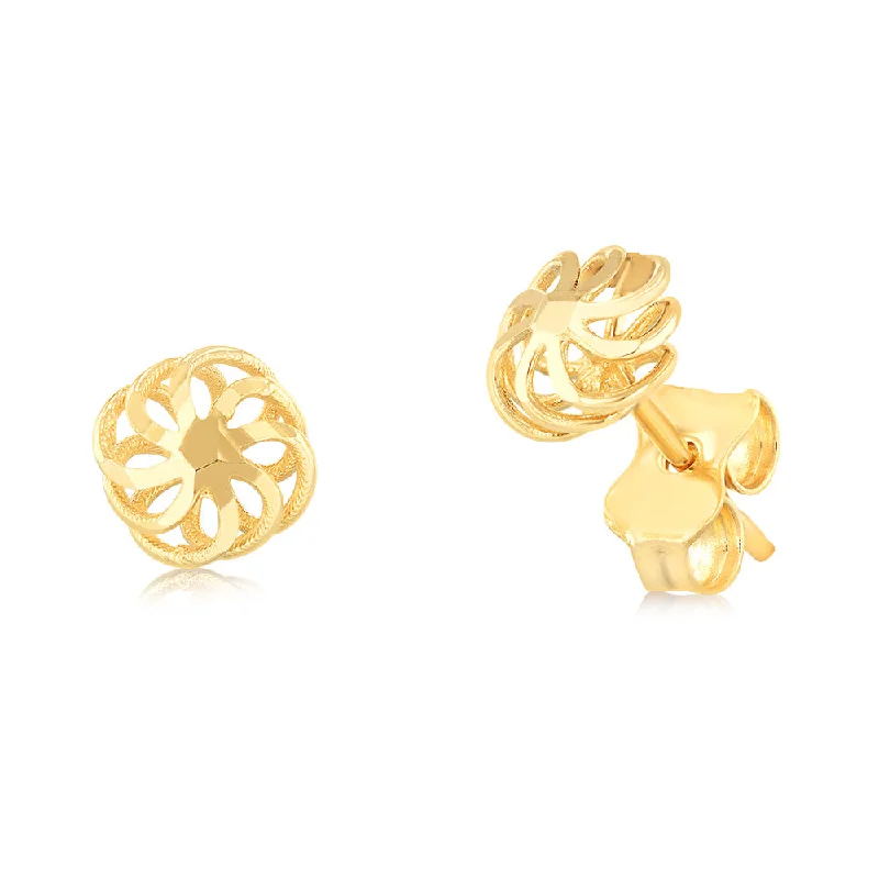 Silver Stud Earrings For Timeless Looks-9ct Yellow Gold Diamond Cut Fancy Flower Stud Earrings