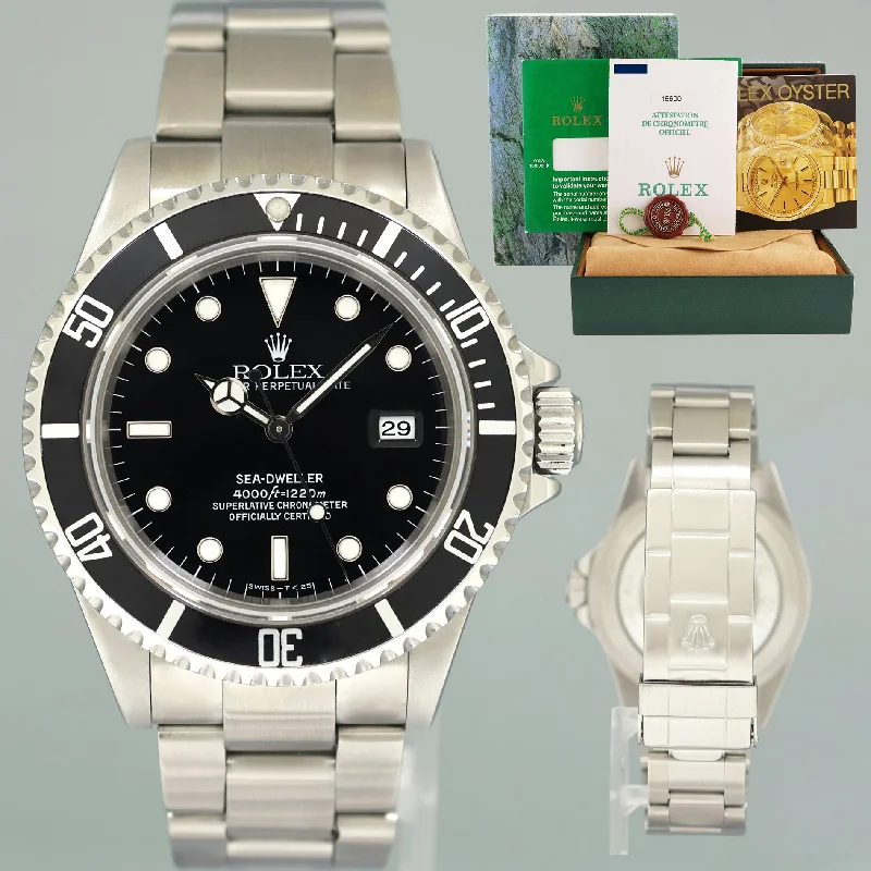 Durable Outdoor Watches For Adventure Seekers-1998 PAPERS Rolex Sea-Dweller Steel 16600 Black Tritium Dial Date 40mm Watch Box