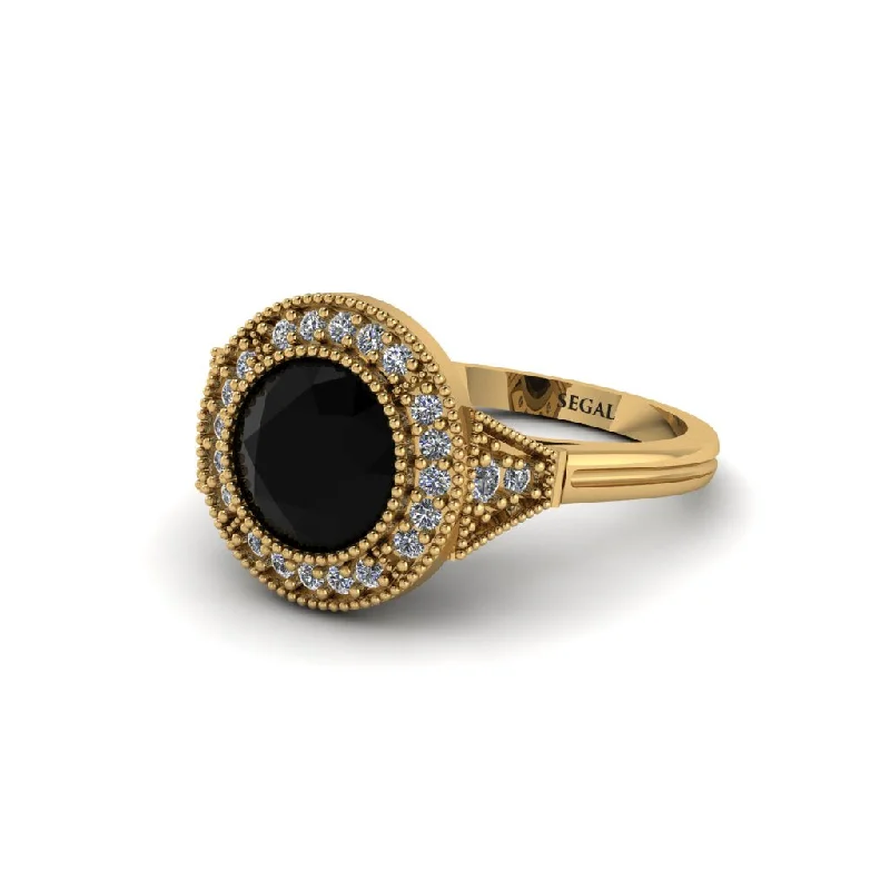 Timeless Wedding Rings For Classic Brides-Round Cut Black Diamond Milgrain Halo Engagement Ring - Maggie No. 7