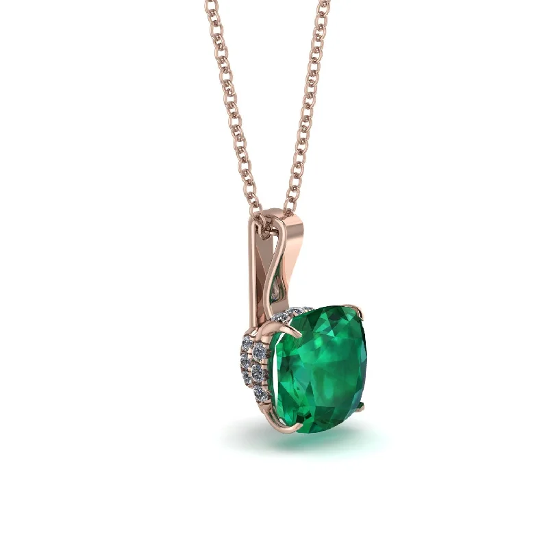 Hidden Halo Cushion Emerald Necklace - Alivia No. 5