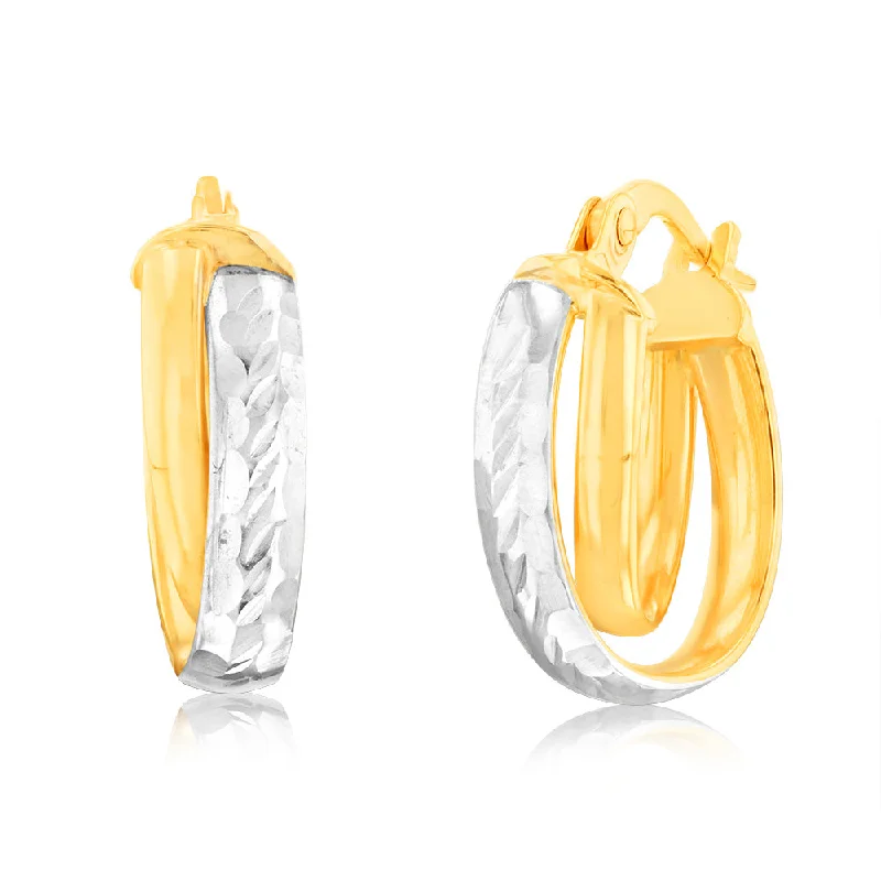 Fashionable Earrings For Casual Outfits-9ct Yellow and White Two-Tone Gold Textured Fancy Elongated Hoop Earrings