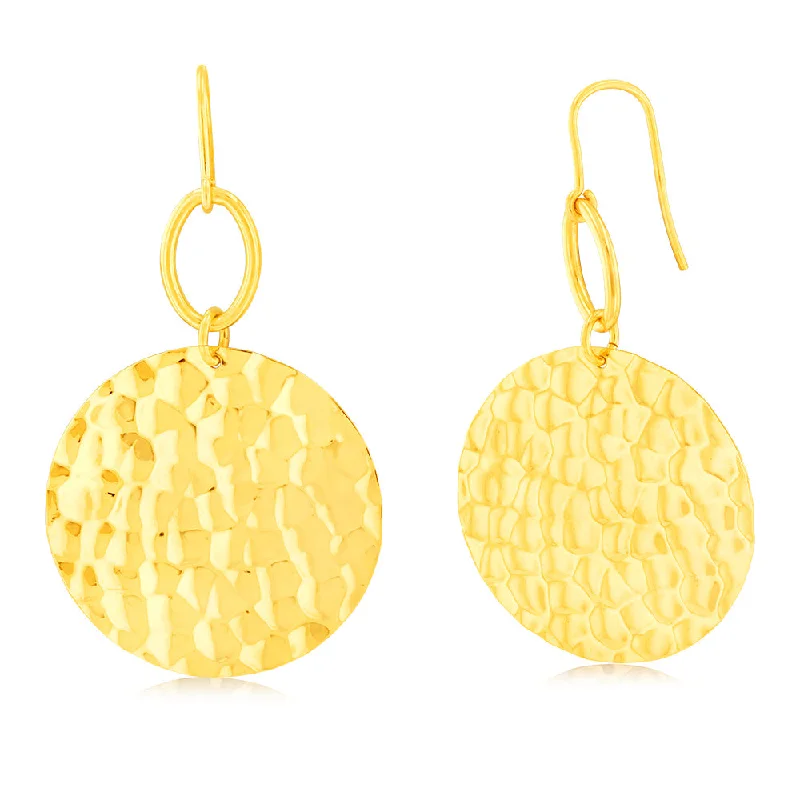 Sparkling Diamond Earrings For Special Occasions-Sterling Silver Gold Plated Patterned Round Disc Hook Earrings