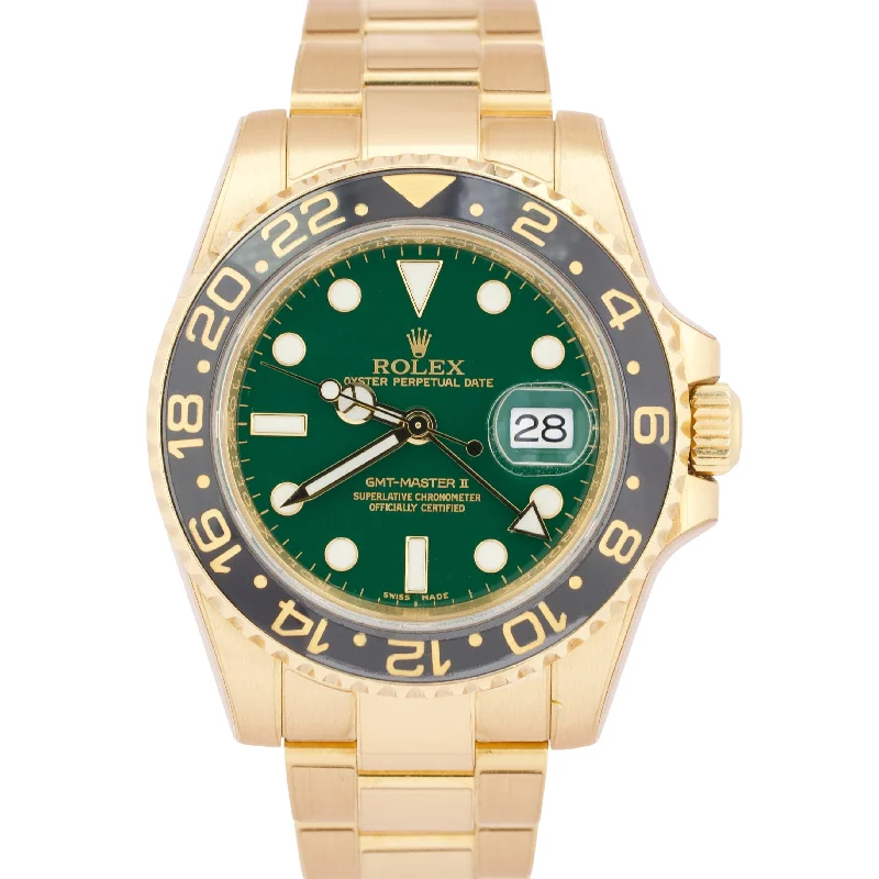 Vintage-Inspired Watches For Retro Style-Rolex GMT-Master II GREEN Black Ceramic 18K Yellow Gold 40mm Oyster 116718 BOX