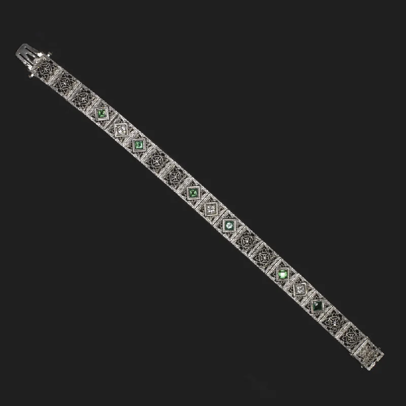 Elegant Platinum Bracelets For High-End Fashion-ART DECO DIAMOND EMERALD BRACELET PLATINUM 14k WHITE GOLD FILIGREE VINTAGE 20s