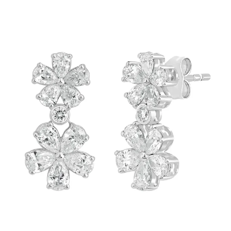 Dazzling Earrings For Night Parties-White Gold Diamond Flower Drop Earrings