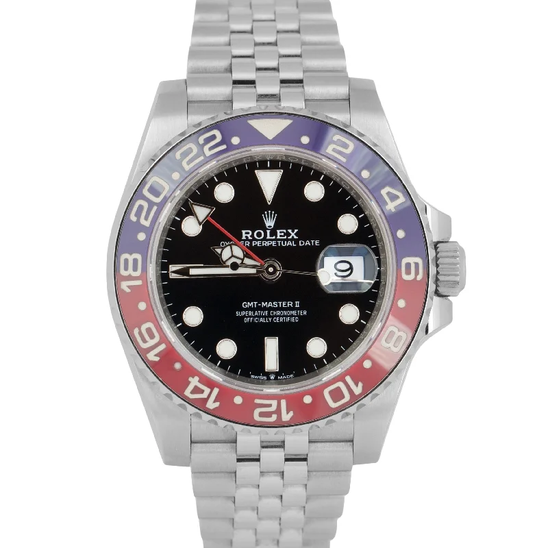 Timeless Leather Watches For Sleek Glam-PAPERS Rolex GMT-Master II 40mm PEPSI Red Blue JUBILEE Steel 126710 BLRO BOX