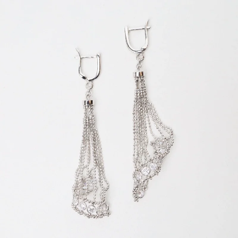 Exclusive Earrings For High-End Fashion-Sterling Silver Woven Draped Spiral CZ Dangle Earrings