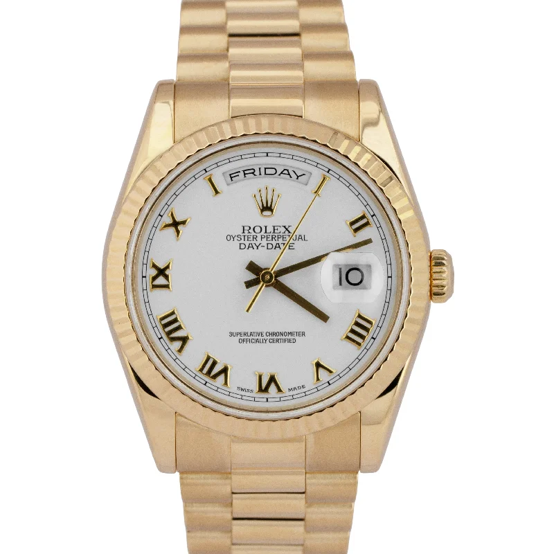 Unique Customized Watches For Personalized Fashion-MINT Rolex Day-Date President White Roman 18K Yellow Gold 36mm Watch 118238