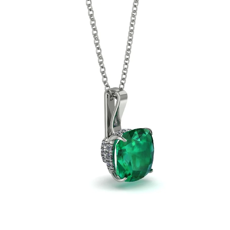 Hidden Halo Cushion Emerald Necklace - Alivia No. 6