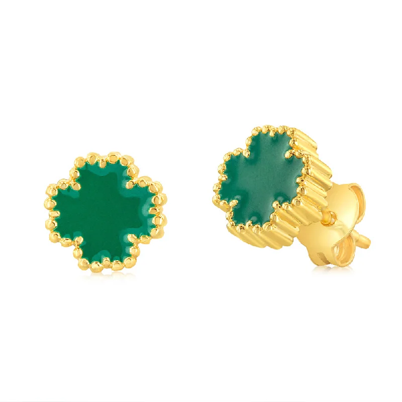 Trendy Drop Earrings For Bold Fashion-Sterling Silver Gold Plated Green Four Leaf Enamel Flower Stud Earrings