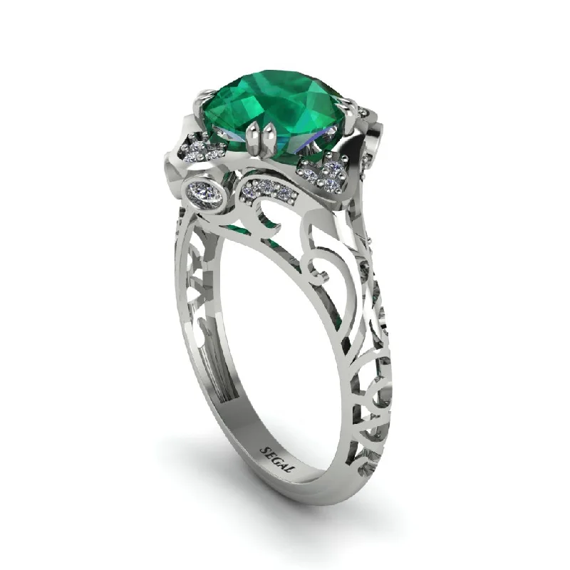 Classic Solitaire Wedding Rings For Elegant Glam-Emerald Ornate Filigree Engagement Ring - Evie No. 6