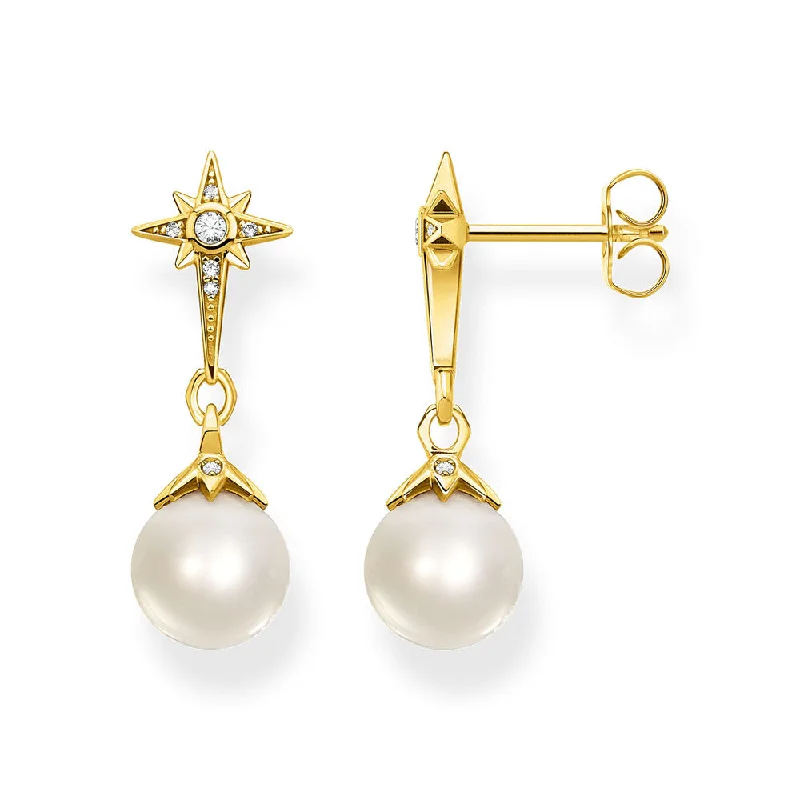 Colorful Earrings For Fun Fashion Choices-Gold Plated Sterling Silver Thomas Sabo Magic Star Fresh Water Pearl Earrings