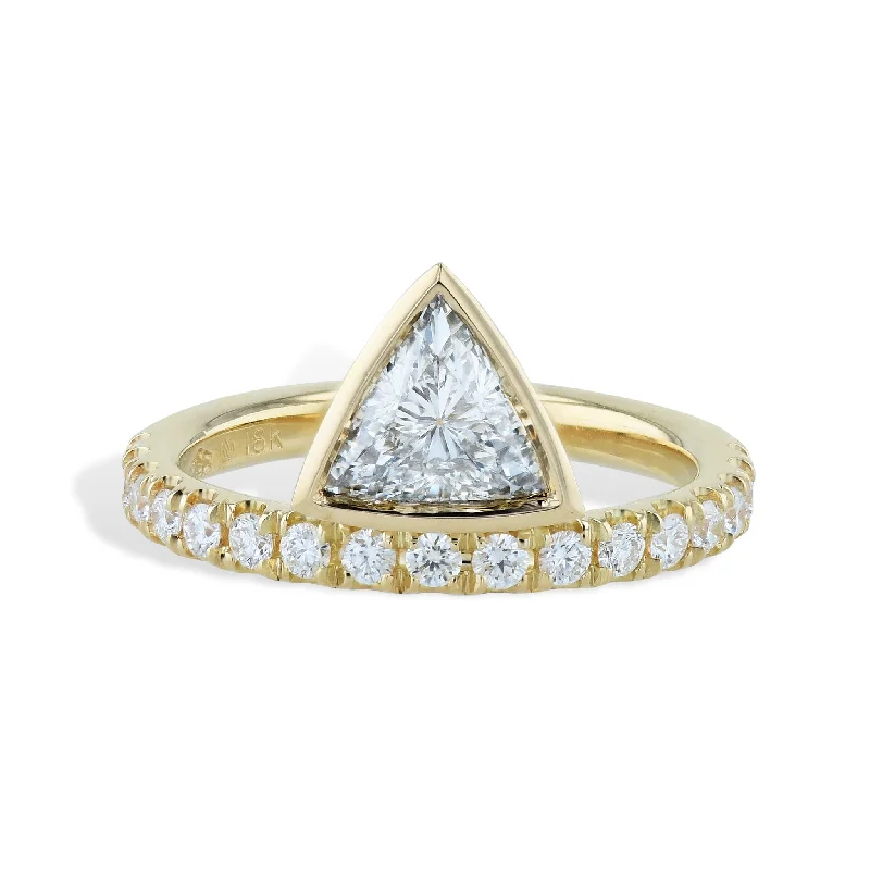 Custom Wedding Rings For Special Occasions-Trillion Bezel Set Diamond with Yellow Gold Diamond Band