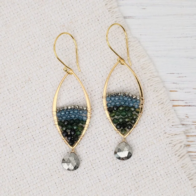 Handmade Resin Earrings For Bold Style-Gold Marquise Pyrite Green Tourmaline Earrings