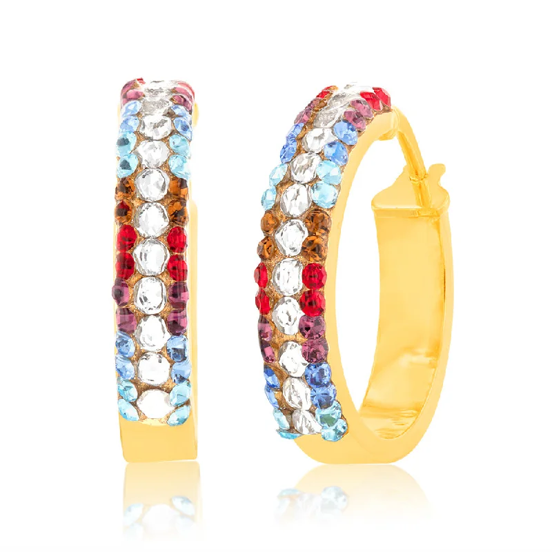 Trendy Earrings For Youthful Fashion-9ct Yellow Gold Silverfilled Multicolour Crystal 15mm Hoop Earrings