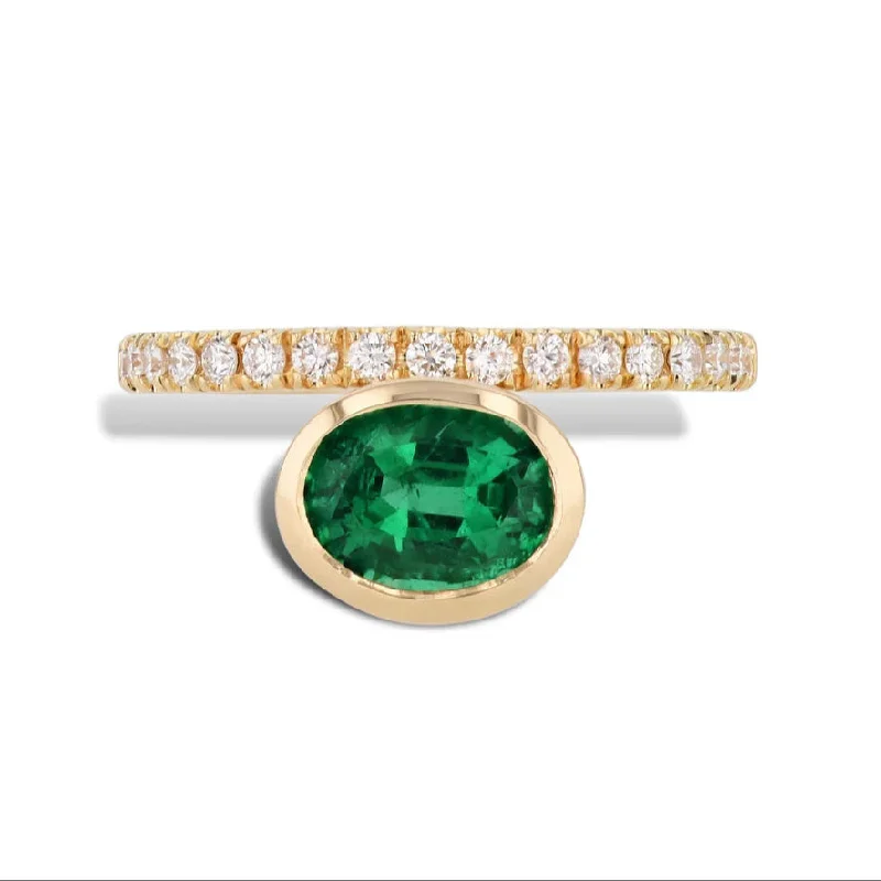 Stunning Gemstone Wedding Bands For Brides-Oval Zambian Emerald and Pave Diamond Ring