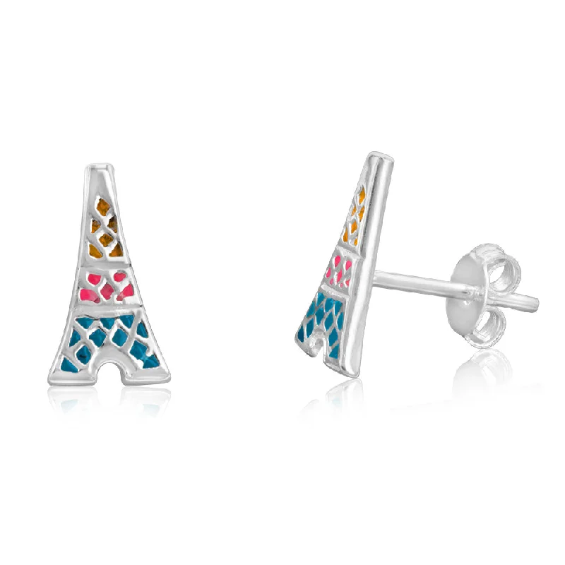 Silver Stud Earrings For Minimalist Style-Sterling Silver Enamel Pink & Blue Tower Stud Earrings