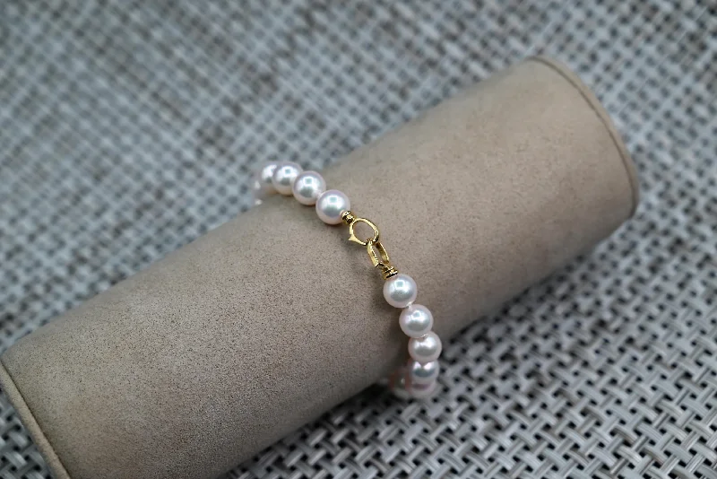 Timeless Leather Cuff Bracelets For Classic Looks-White Cultured Pearl Strand Bracelet with 18k Double Claw Clasp