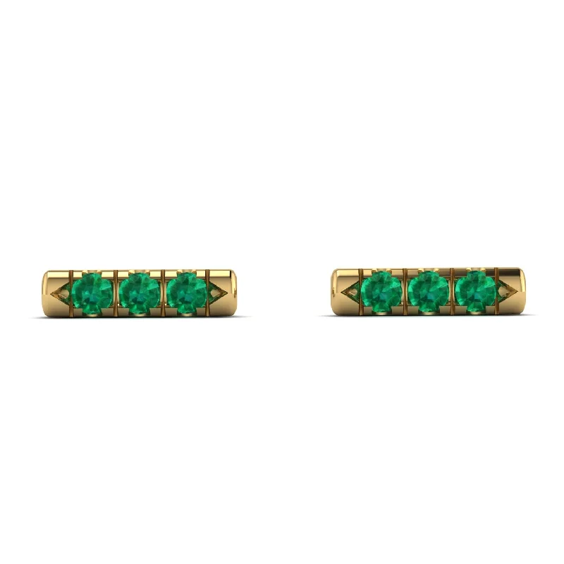 Silver Gemstone Earrings For Glam Looks-3 Emeralds Stud Earrings - Mina No. 4