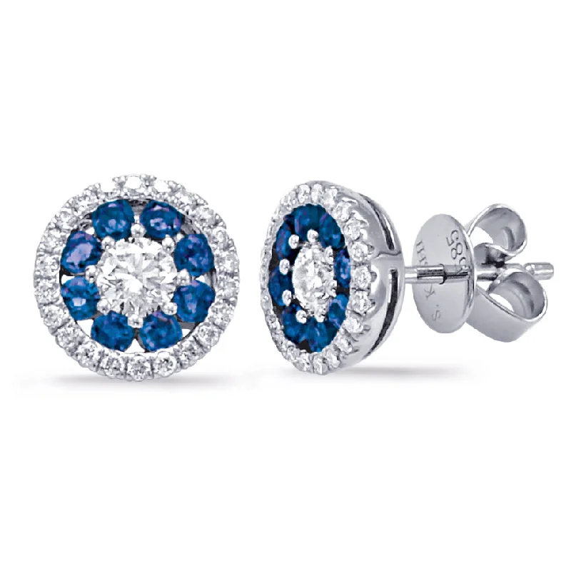 Trendy Earrings For Fashion-forward Looks-14K White Gold Sapphire & Diamond Round Halo Cluster Stud Earrings