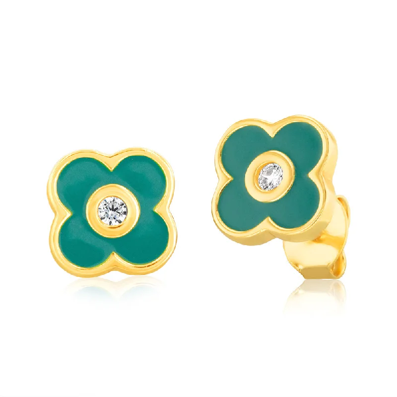 Luxurious Drop Earrings For Formal Gatherings-Sterling Silver Gold Plated Zirconia And Green Enamel Flower Stud Earrings