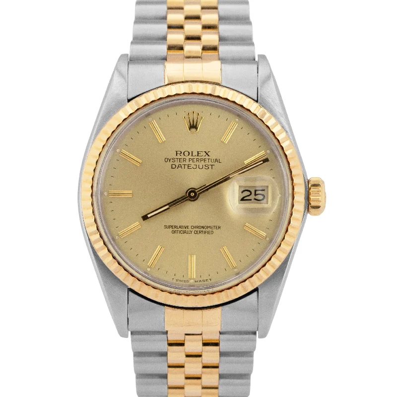 Classic Men’s Watches With Leather Bands-Rolex DateJust 36mm Champagne 18K Gold Two-Tone Stainless Steel Watch 16013