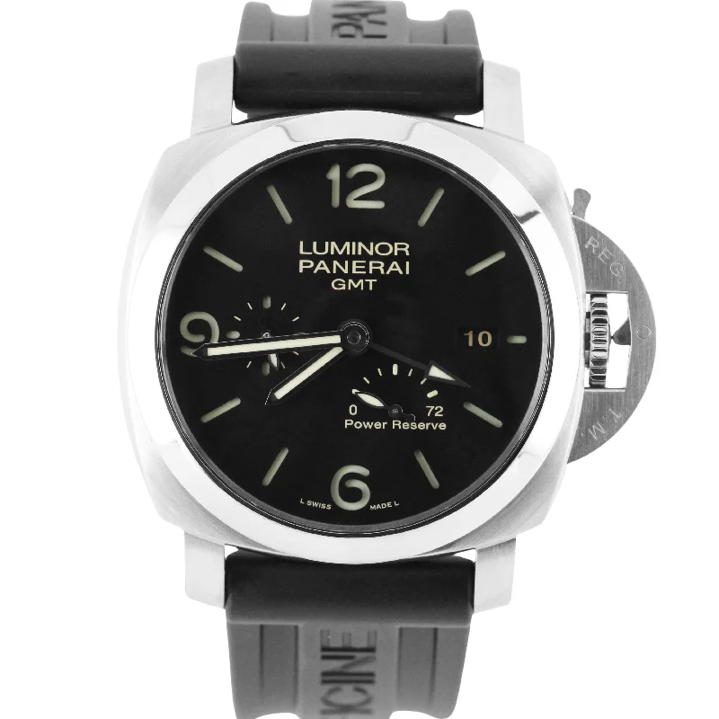 Solar-Powered Sport Watches For Sustainable Fashion-Panerai Luminor 1950 3 Days GMT Power Reserve Acciacio Black 44mm PAM00321 Watch