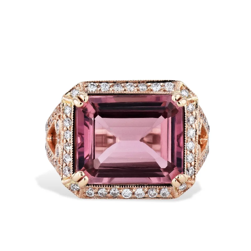 Luxury Wedding Bands For Stylish Brides-Emerald Cut Pink Tourmaline Diamond Rose Gold Ring