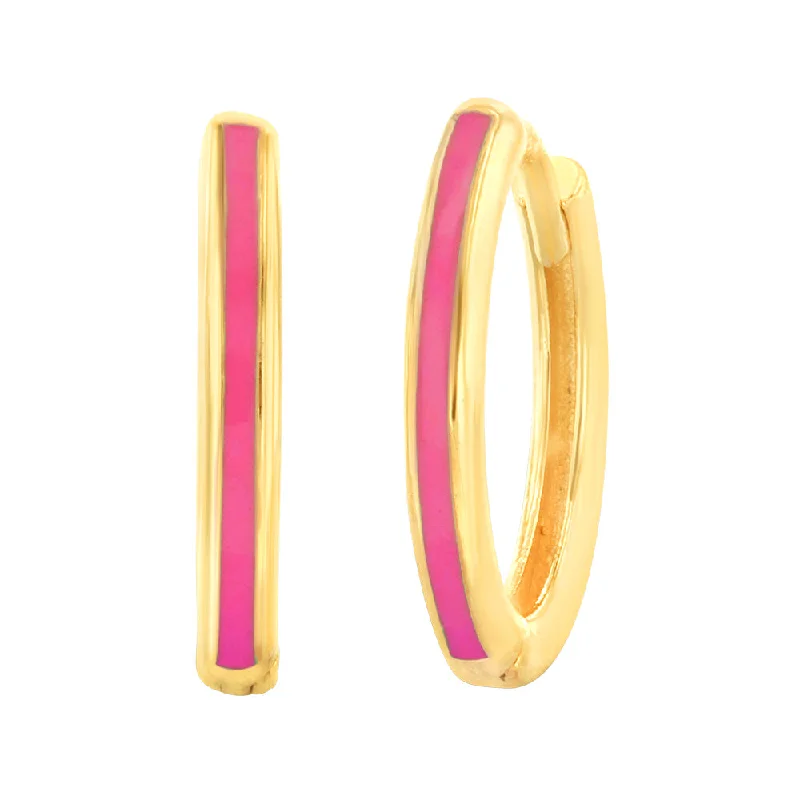 Luxury Handmade Earrings For Exclusive Style-9ct Yellow Gold Dark Pink Enamel On Sleeper Hoop Earrings