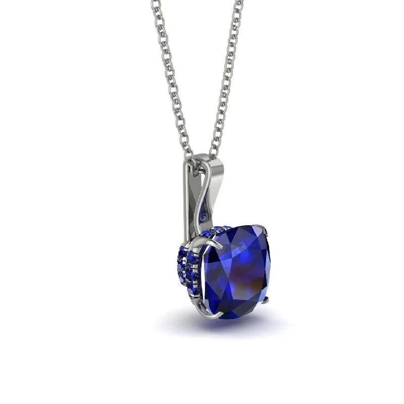 Hidden Halo Cushion Sapphire Necklace - Alivia No. 75