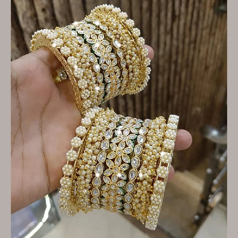 Affordable Gemstone Bangle Sets For Fashion Lovers-Pooja Bangles Gold Plated Kundan Stone And Pearls Bangles Set