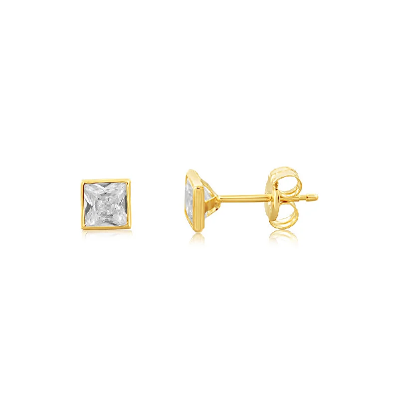 Cute Heart Earrings For Romantic Gifts-9ct Yellow Gold 4X4mm Square Bocel Cubic Zirconia Stud Earrings