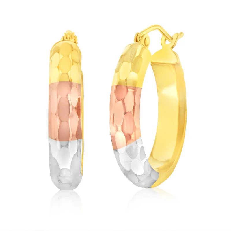 Colorful Earrings For Trendy Women-9ct Yellow Rose And White Gold Silverfilled Three Tone Diamond Cut Half Round Hoop Earrings