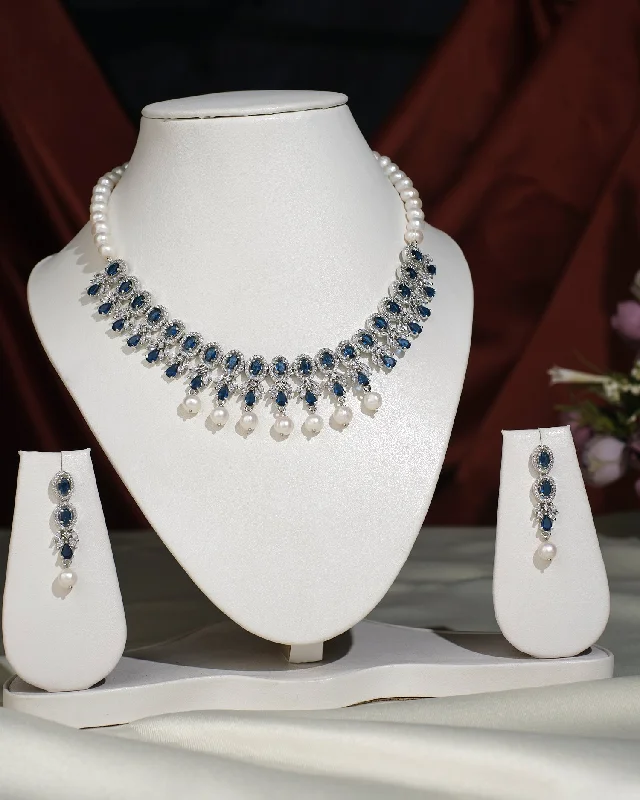 Gorgeous Blue CZ Pearl Necklace Set