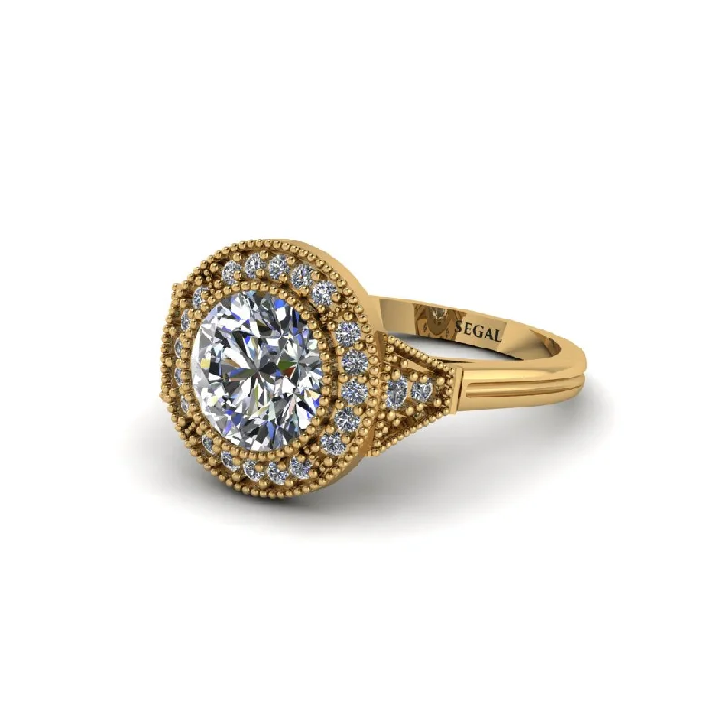 Luxury Gold Rings For Special Celebrations-Round Cut Diamond Milgrain Halo Engagement Ring - Maggie No. 1