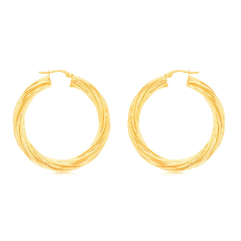 Elegant Drop Earrings For Night Glam-9ct Yellow Gold Twisted Striped 30MM Hoop Earrings 9Y