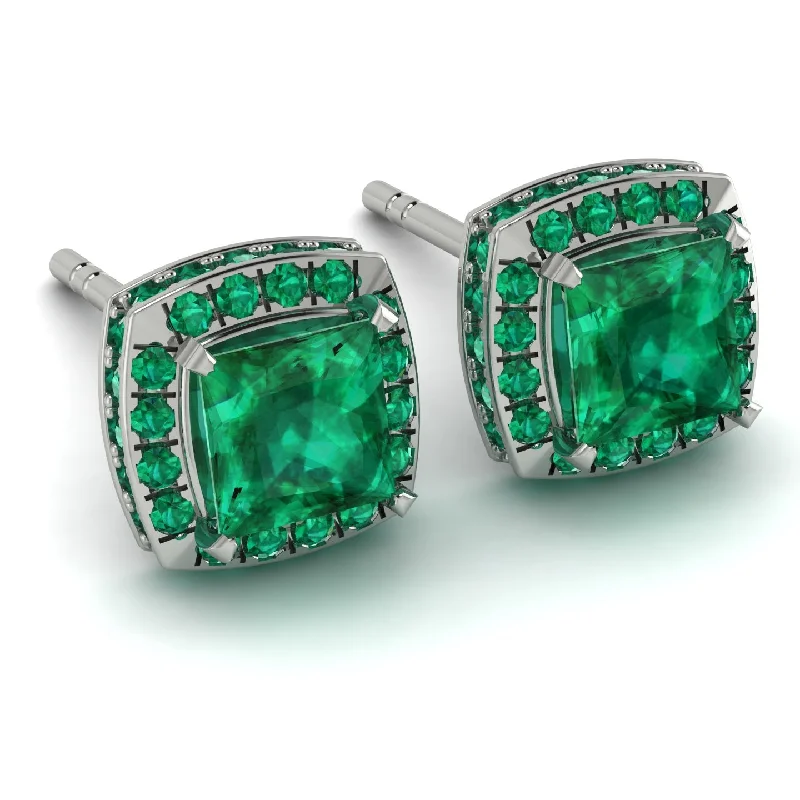 Fashionable Gold Earrings For Special Occasions-Hidden Halo Princess Emerald Earrings - Georgia No. 21