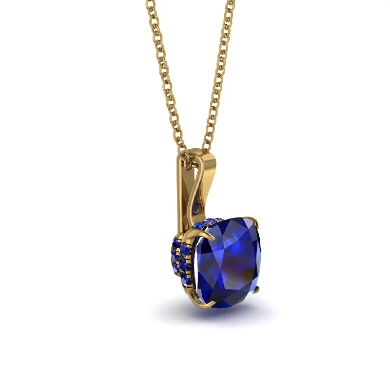 Hidden Halo Cushion Sapphire Necklace - Alivia No. 73