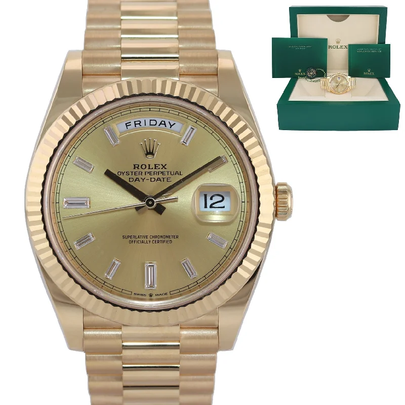 Elegant Men’s Leather Strap Watches For Timeless Fashion-2020 Rolex Day-Date 40 President 228238 Champagne Baguette Diamond Gold Watch