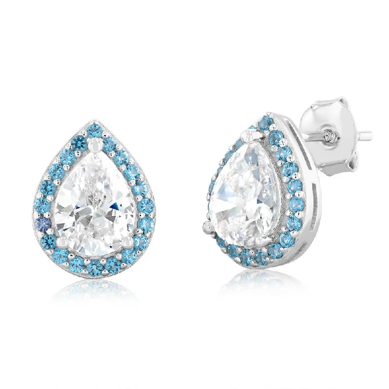 Artistic Pearl Earrings For Classic Beauty-Sterling Silver Rhodium Plated Pear Shaped Blue And White Zirconia Stud Earrings