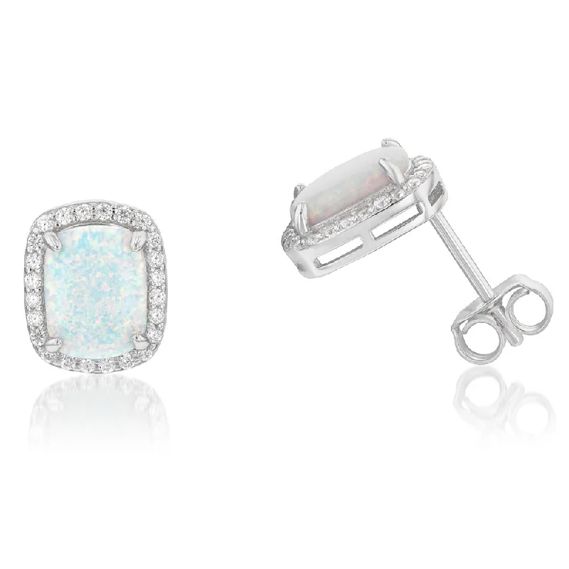 Trendy Earrings For Fashion-forward Looks-Sterling Silver Rhodium Plated Cubic Zirconia Synthetic Opal Halo Stud Earrings