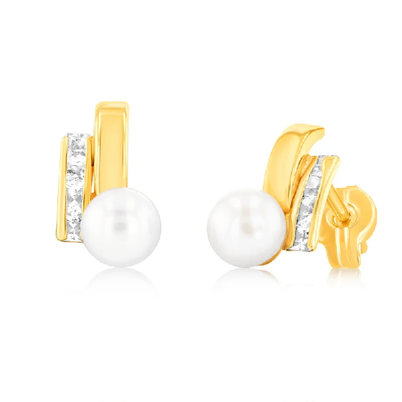 Dangle Earrings For Evening Glam-9ct Yellow Gold Zirconia And Fresh Water Pearl Two Band Stud Earrings