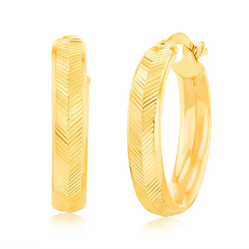 Stylish Earrings For Office Wear-9ct Yellow Gold Double side Diamond Cut Hoop Earrings