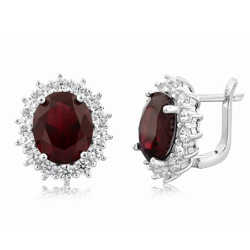 Fun Earrings For Playful Looks-Sterling Silver Rhodium Plated Red Stone And White Cubic Zirconia Studs Earrings