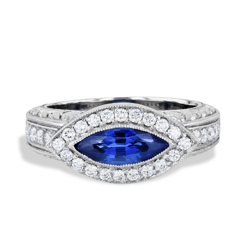 Elegant Wedding Rings For Special Occasions-Retro Antique Marquise Blue Sapphire Pave Diamond Platinum Ring