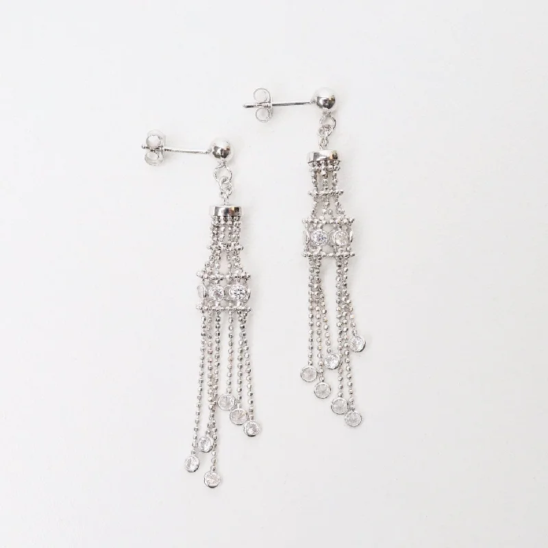 Trendy Gemstone Earrings For Stylish Looks-Sterling Silver Woven Lace Long Lantern CZ Earrings