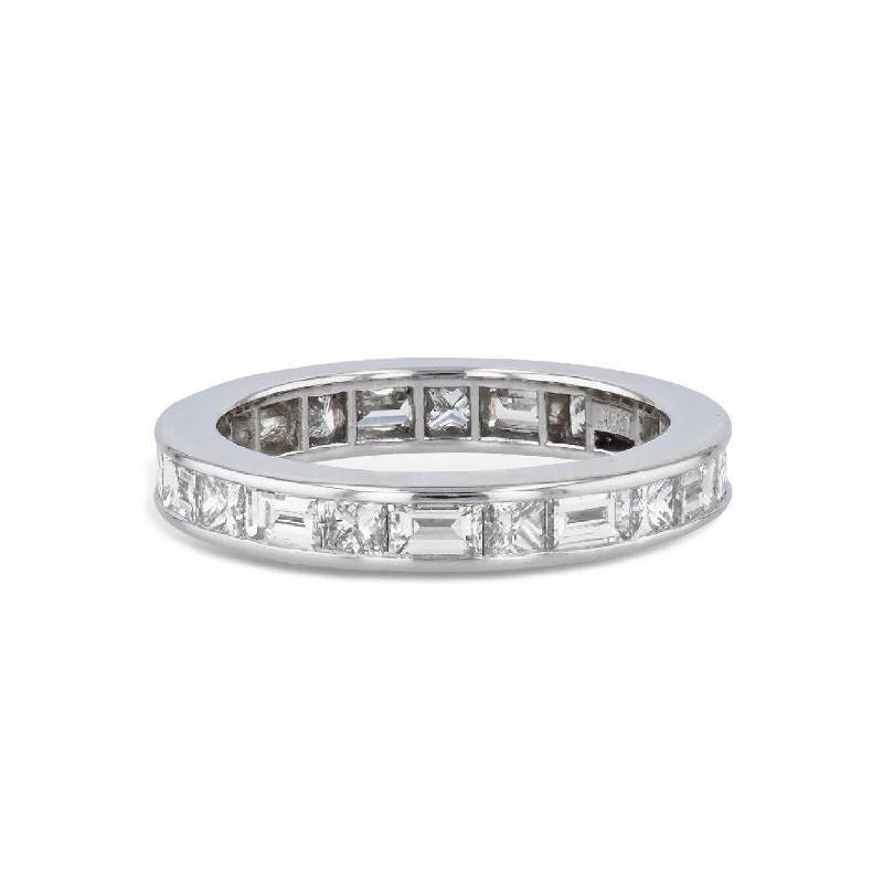 Simple Wedding Bands For Subtle Elegance-Baguette and Princess Cut Diamond Platinum Estate Eternity Band