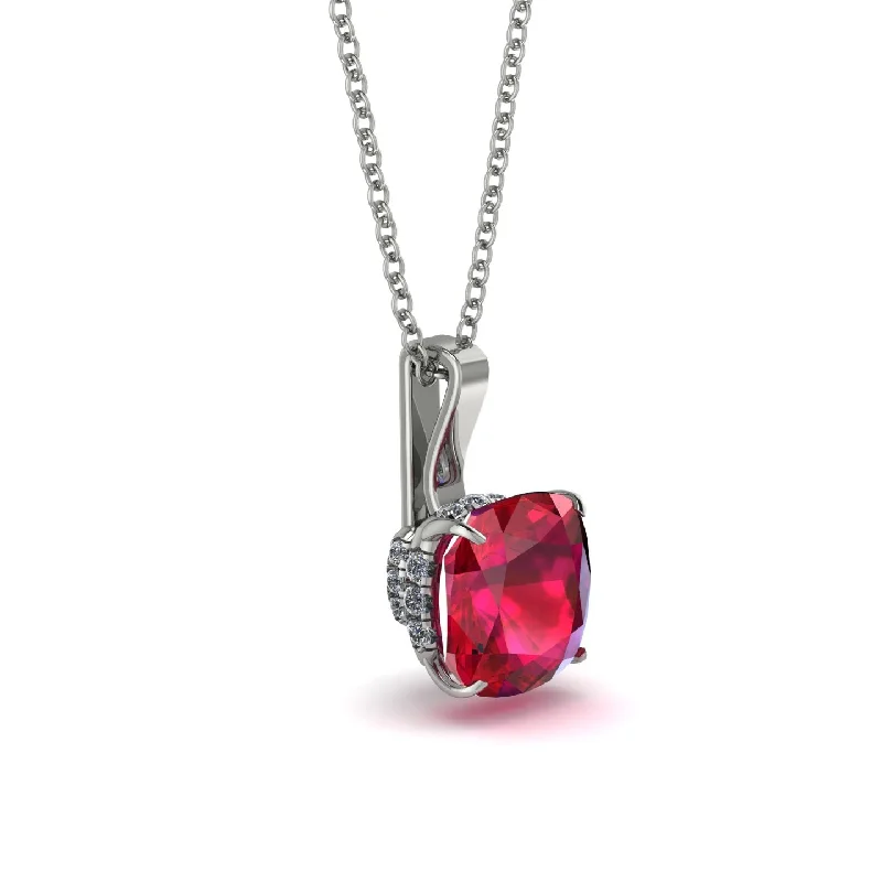 Hidden Halo Cushion Ruby Necklace - Alivia No. 12