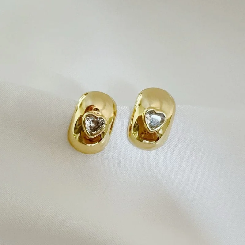 Bold Earrings For Statement Fashion-Gold Filled Dome Heart CZ Hoops Earrings