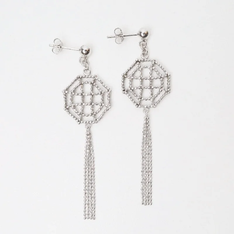 Unique Earrings For Artistic Style-Sterling Silver Woven Open Octagon Window Fringe Earrings